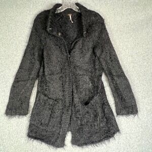 Free People XS Shaggy Jacket Black Fuzzy Knit Cardigan Sweater Pockets Grunge